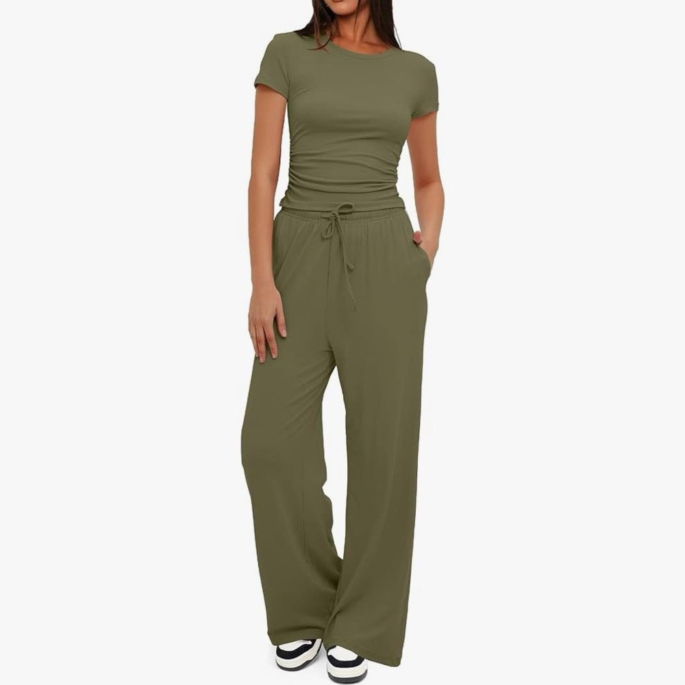 New Women's 2 Piece Lounge Set Outfit Ruched Short Sleeve Top High Waisted Wide